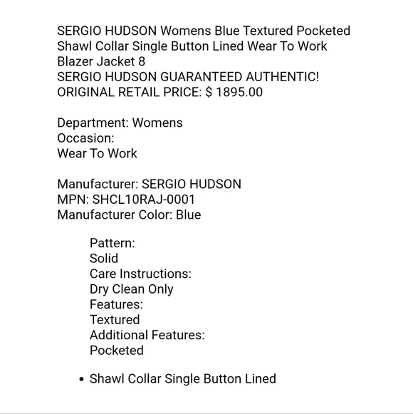 💯Authentic Sergio Hudson Shawl Collar Wool Royal Blue Blazer Jacket - Picture 15 of 15